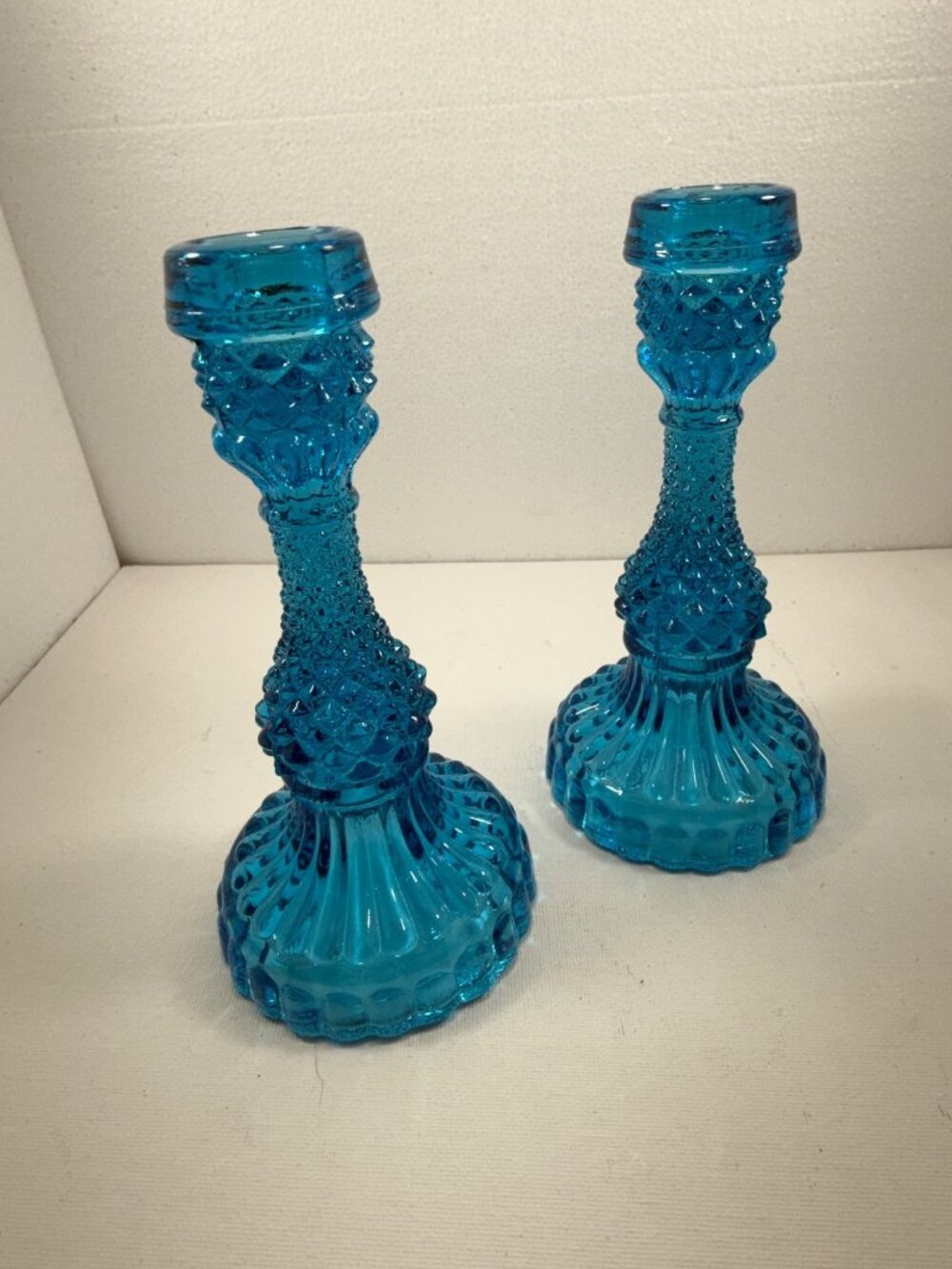 Fenton Hobnail Turquoise Candlestick Holders Pair Vintage 1950s Blue Glass